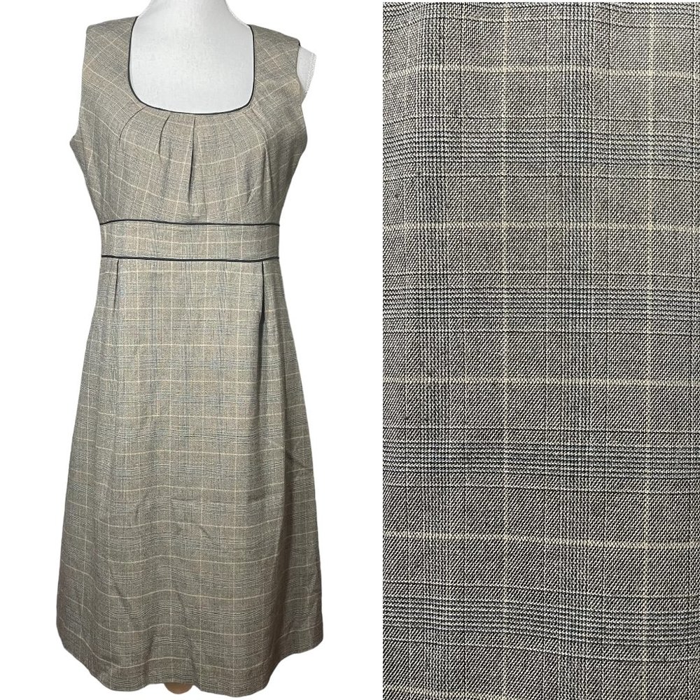 Calvin Klein Plaid Dress 8 Silk Trim Tartan Sheath Pleated Sleeveless Tan Brown